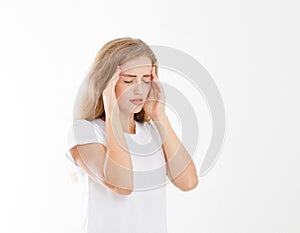 Stressed Exhausted caucasian Woman Having Strong Tension Headache. Portrait Of Sick Girl Suffering From Head Migraine, Feeling Pr