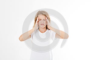 Stressed Exhausted caucasian Woman Having Strong Tension Headache. Portrait Of Sick Girl Suffering From Head Migraine, Feeling Pr