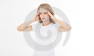 Stressed Exhausted caucasian Woman Having Strong Tension Headache. Portrait Of Sick Girl Suffering From Head Migraine, Feeling Pr