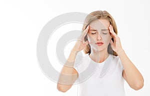 Stressed Exhausted caucasian Woman Having Strong Tension Headache. Portrait Of Sick Girl Suffering From Head Migraine, Feeling Pr