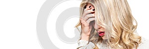 Stressed Exhausted Young Female Having Headache. Feeling Pressure And Stress banner. Depressed Woman With Head in Hands.