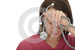 Stressed Fed Up Frustrated Young Female Doctor with Stethoscope