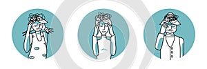 Stressed female circle icons set. Young, adult and old women suffer with stress, emotion of anxiety, cover head with hands. Mint