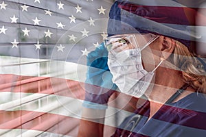 Stressed Female Doctor or Nurse On Break At Window Wearing Medical Face Mask and Goggles With Ghosted American Flag