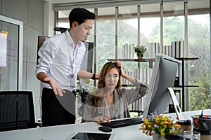 Stressed of female employee and offensive faces that the boss yells, Workplace Conflict, Corporate Communication Problem, stress