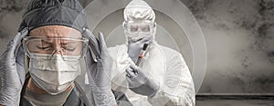 Stressed Female and Male Doctors or Nurses Wearing Scrubs and Protective Mask and Goggles Banner