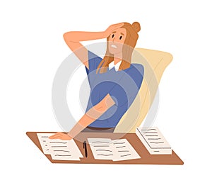 Stressed female worried about paperwork sitting at desk vector flat illustration. Frustrated woman make mistake in