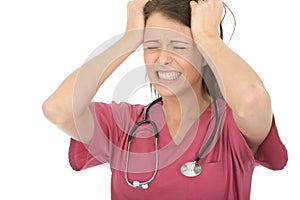 Stressed Frustrated Beautiful Professional Young Female Doctor Pulling Her Hair