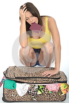 Stressed Frustrated Fed Up Young Woman Trying to Close Her Suitcase