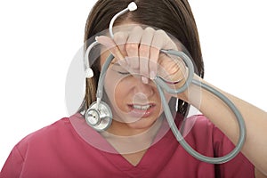Stressed Frustrated Upset Young Female Doctor with Stethoscope