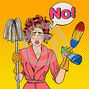 Stressed Housewife with Mop Pop Art