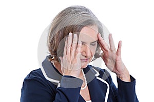 Stressed and isolated older woman having headache or problems.