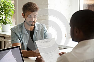 Stressed job applicant feeling nervous worried while hr reading