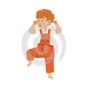 Stressed little boy covering his ears to stop hearing quarrel vector illustration