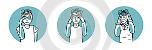 Stressed male circle icons set. Young, adult and old men suffer with stress, emotion of anxiety, cover head with hands. Mint color