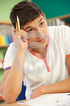 Stressed Male Teenage Student Studying