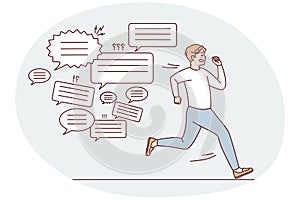 Stressed man running form message notifications