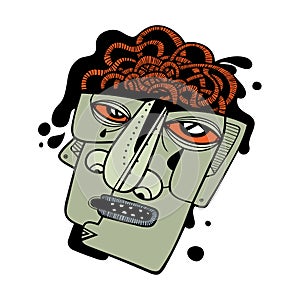 Stressed man`s face with a boiling brain. Stress, headache, information overload, psychological burnout. Vector