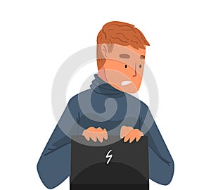 Stressed Man Sitting in front of Computer, Male Employee or Programmer Working Hard with Laptop Vector Illustration on