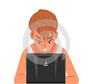 Stressed Man Sitting in front of Computer, Male Programmer Working Hard with Laptop Vector Illustration on White