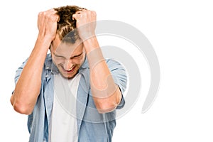 Stressed man upset frastrated white background