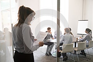 Stressed nervous businesswoman preparing speech feeling public speaking fear