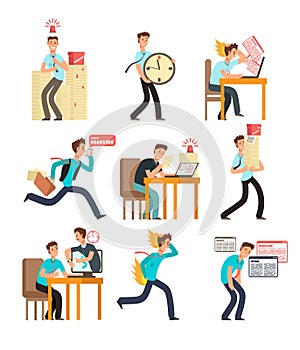 Stressed office people for deadline and time management concept. Businessman under deadline workload. Vector characters