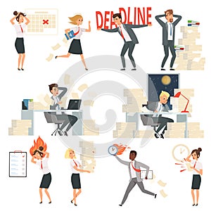Stressed office people. Overworked deadline time busy business managers night workers vector cartoon characters