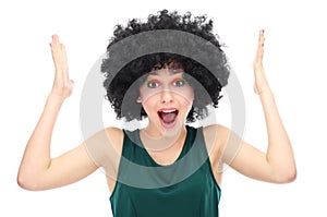 Stressed out woman wearing afro wig