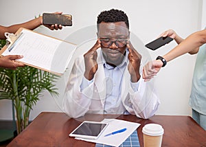 Stressed and overwhelmed doctor concept, priorities and healthcare workload