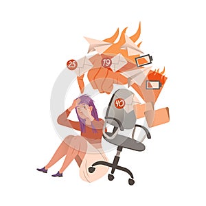 Stressed overwhelmed girl manager overloaded by information, job burnout, ineffective multitasking vector illustration