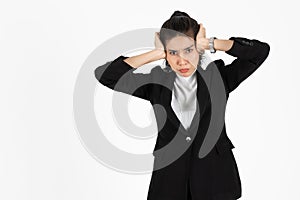 Stressed overworked and confused young Asian business woman in suit troubled with financial problem over white isolated background