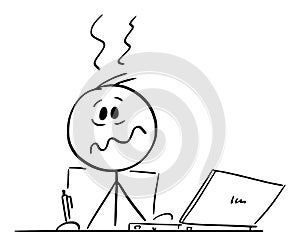 Stressed Overworked Person or Man Sitting Behind Desk Working in Office on Computer, Vector Cartoon Stick Figure