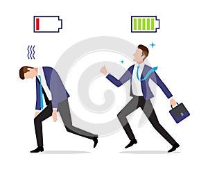 Stressed overworked and vigorous businessman with charged and discharged battery icon