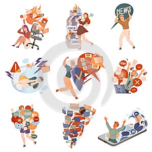 Stressed people overloaded by information set. Deadline, job burnout, ineffective multitasking vector illustration