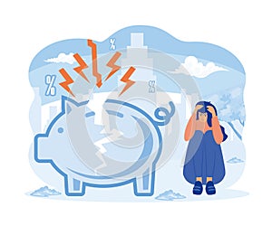 Stressed person sitting at broken piggy bank. Animation ready duik friendly vector.