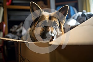 Stressed pets. German shepherd in hiding among boxes. Moving with pets concept. Dog in stress in a new apartment with unpacked