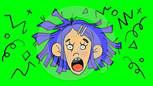 Stressed shocked girl face in cartoon style. Psychological help, stress, shock concepts. Isolated on green screen illustration