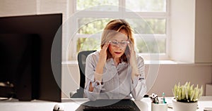 Stressed Sick Employee Woman At Computer