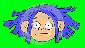 Stressed sleepy girl face in cartoon style. Psychological help, sleep deprivation concepts. Isolated on green screen illustration