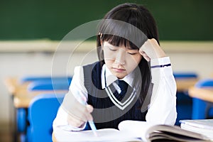 Stressed Student Of High School Sitting in classroom