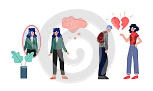 Stressed teenagers suffering from unrequited love and dysmorphic disorder. Teenage puberty problems vector illustration