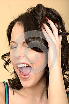 Stressed Tense Attractive Young Woman Shouting