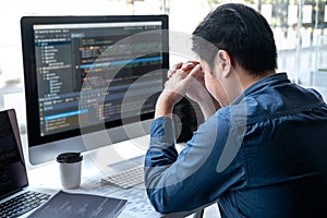 Stressed tired out of work, Development Programmer working in programming website a software and coding technology, writing codes