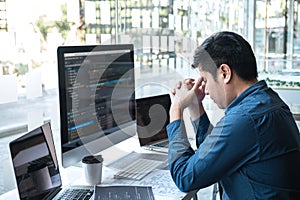 Stressed tired out of work, Development Programmer working in programming website a software and coding technology, writing codes