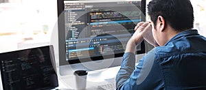 Stressed tired out of work, Development Programmer working in programming website a software and coding technology, writing codes