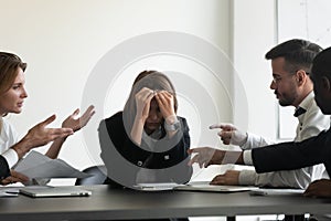 Stressed upset business woman suffer from bullying harassment at workplace