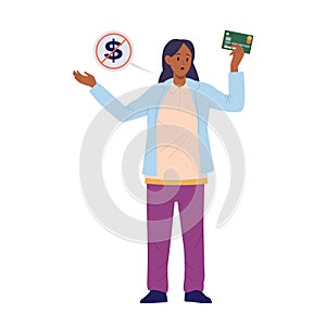 Stressed upset woman isolated cartoon character having no money on credit or debit bank card
