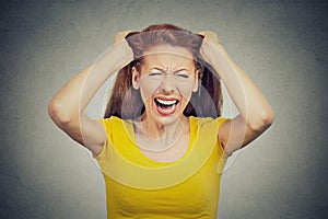 Stressed woman, employee having bad day too many things to do screaming