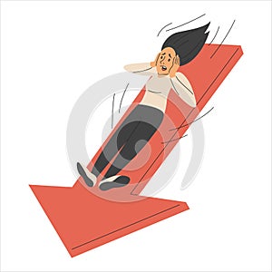 Stressed woman falling down the red arrow vector isolated